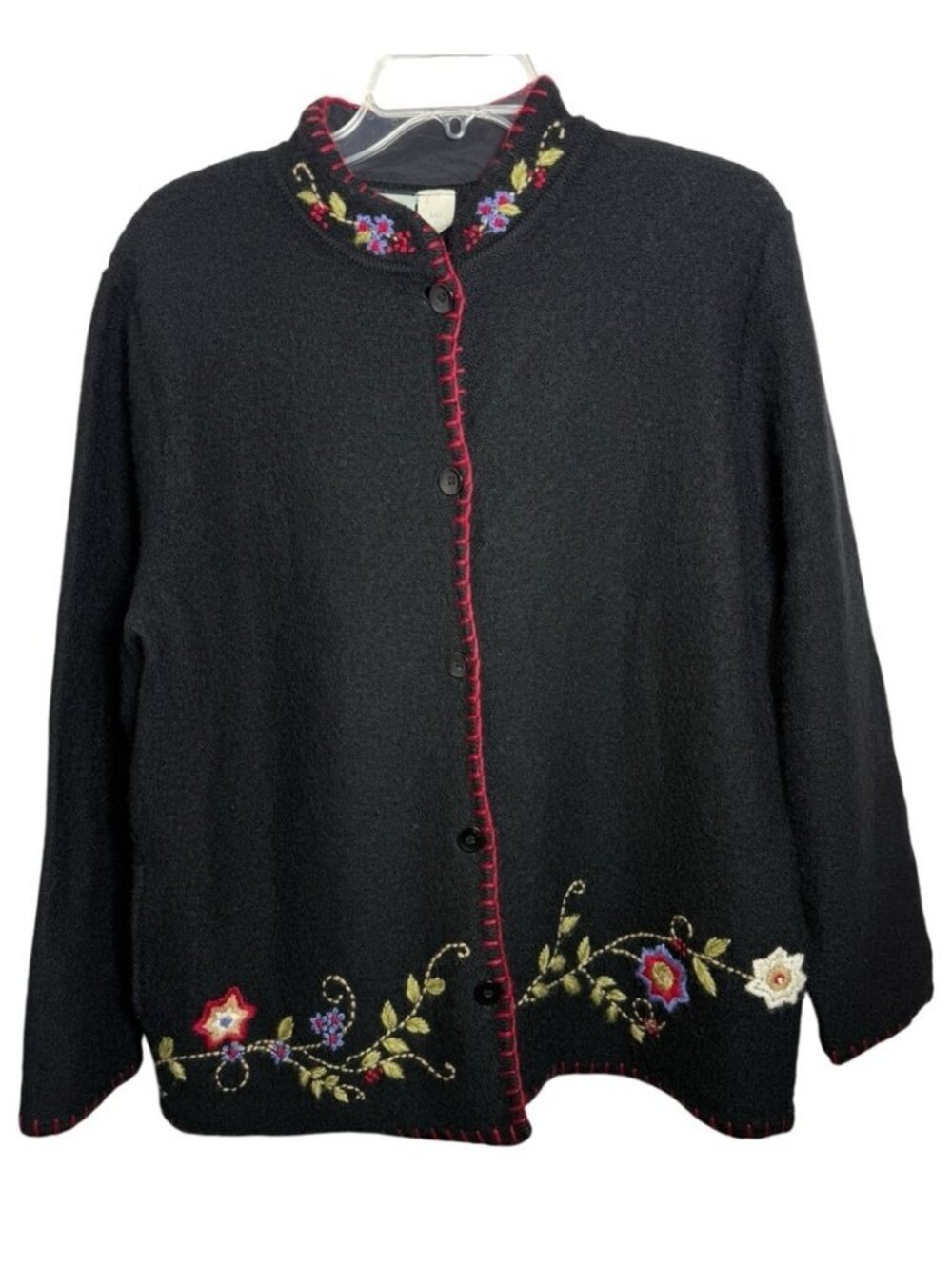Vintage Floral Embroidered Boiled Wool Cardigan Sweater Jacket Size Large Black